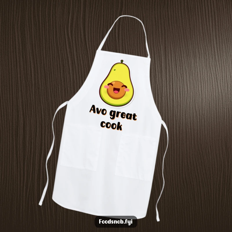 Funny apron showing a smiling avocado character, pit as face, splitting open with pure glee, perfect for kitchen humor.