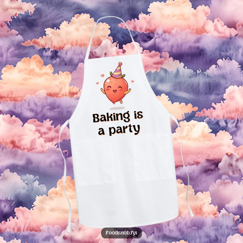 Funny Apron: A cheerful apron featuring a delighted strawberry spinning with a tiny party hat, ready for fun in the kitchen.