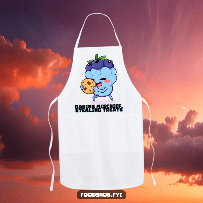 Funny apron with a blueberry character caught stealing a cookie, perfect for a humorous cooking experience.