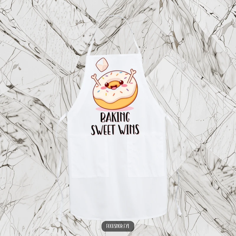 Funny Apron: A jubilant donut with sprinkles tossing a sugar cube, perfect for bakers who love sweetness and humor, funny gift.