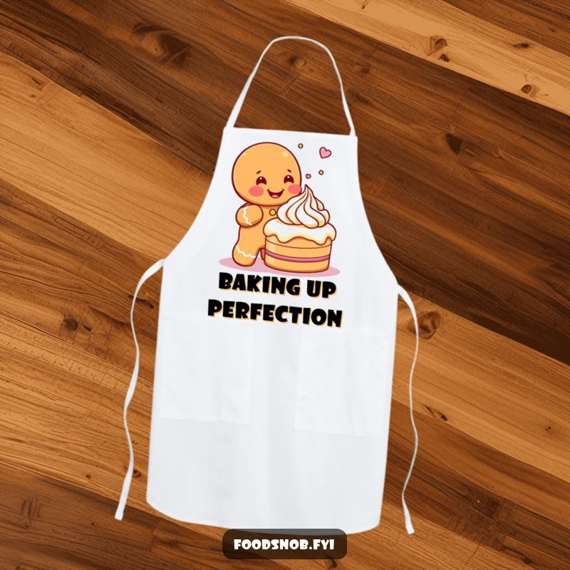 Funny apron featuring a gleeful gingerbread man character carefully sprinkling icing onto a small cake, ideal for joyful baking.