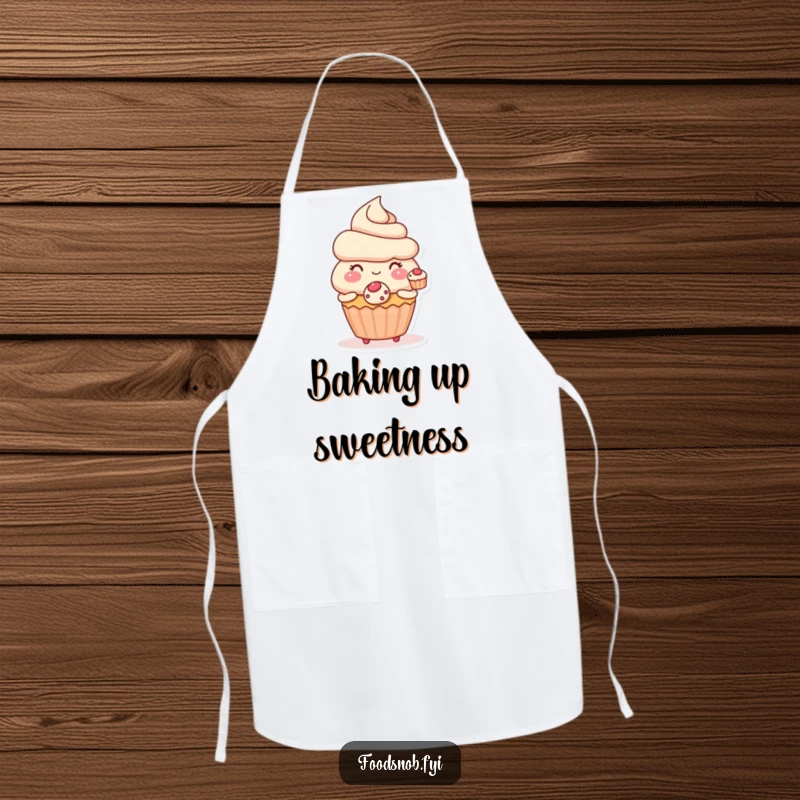 Funny apron showcasing a blushing cupcake character offering a tiny pastry, perfect for baking with sweetness and humor.