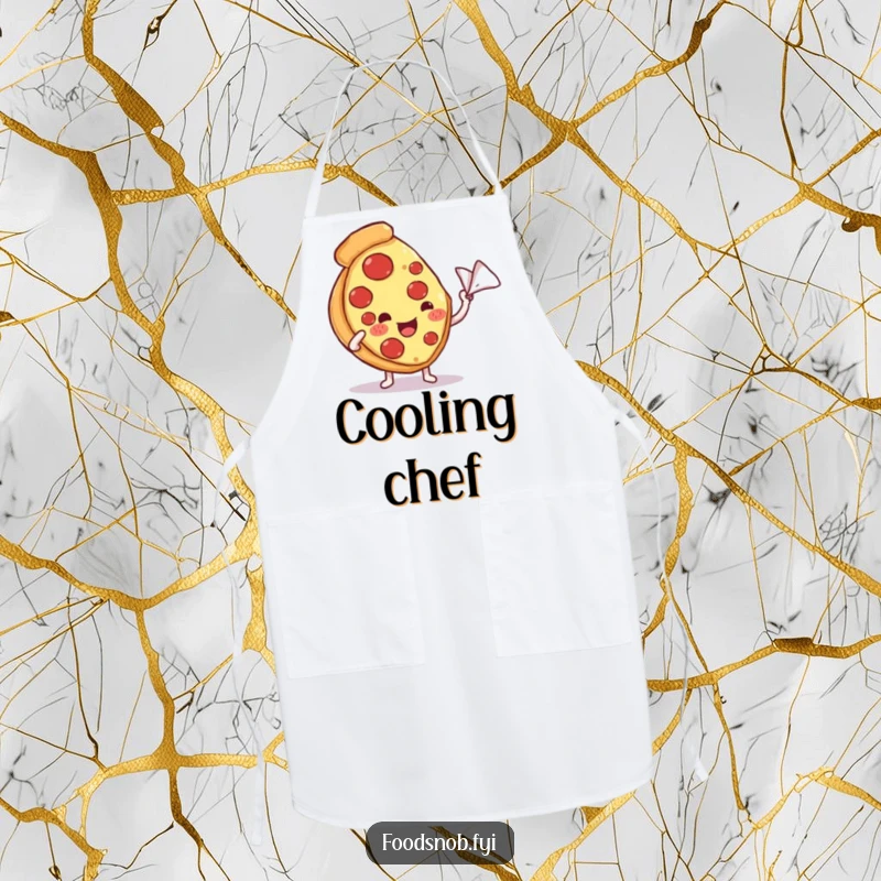 Funny apron showcasing a content pizza slice character being fanned with a tiny napkin, ready for humorous culinary creations with cool style.