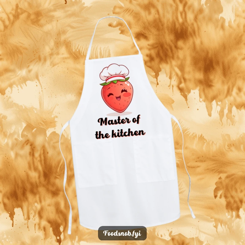 Funny Apron showing a cheerful strawberry character winking and wearing a miniature chef hat, perfect for a humorous cooking experience.