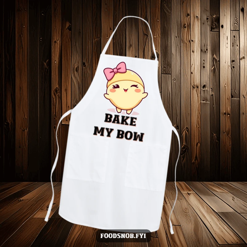 Funny apron design of a croissant character winking and bowing elegantly, adding a stylish and humorous touch to kitchen wear.