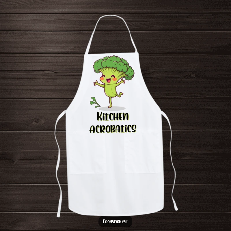 Funny apron showcasing a joyful broccoli character attempting a cartwheel, ready to tackle kitchen tasks with humorous effort and determination.