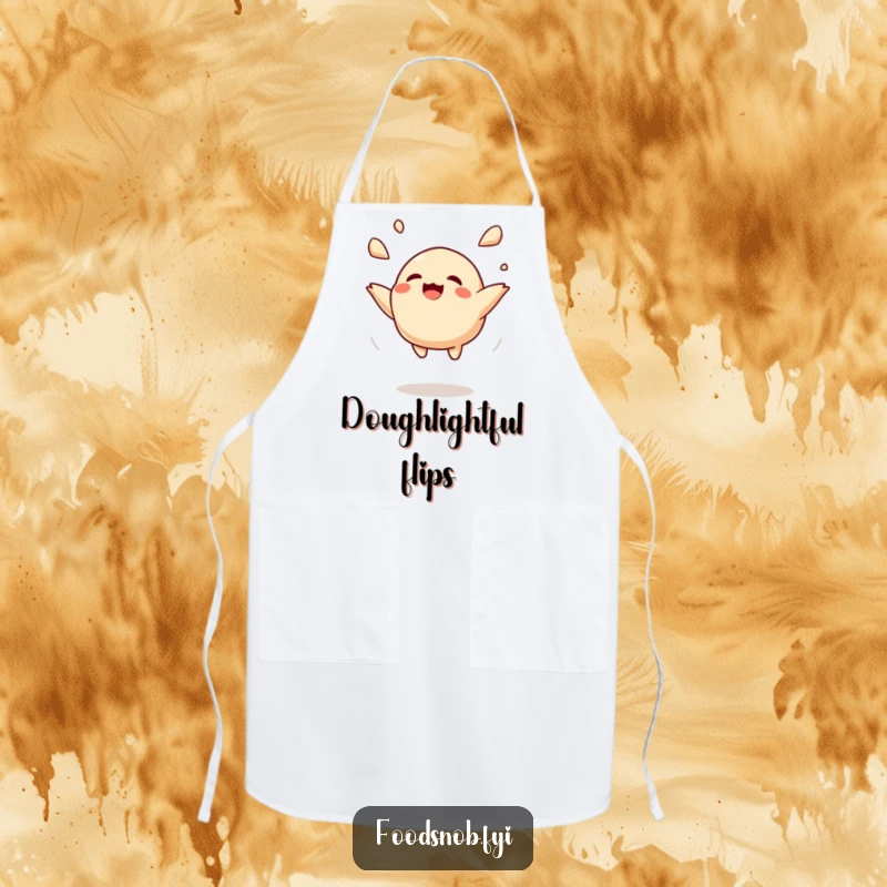 Funny apron design with a cheerfully tossing dumpling, bringing a playful and humorous vibe to any kitchen.