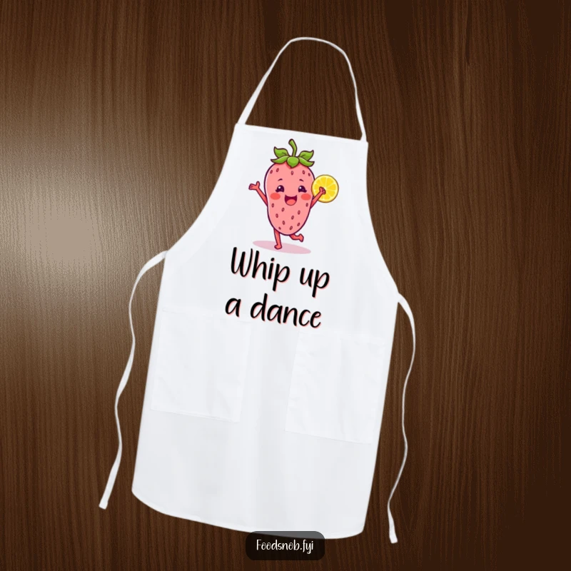 Funny apron design with a strawberry character dancing with a lemon wedge, bringing a joyful and humorous vibe to the kitchen.