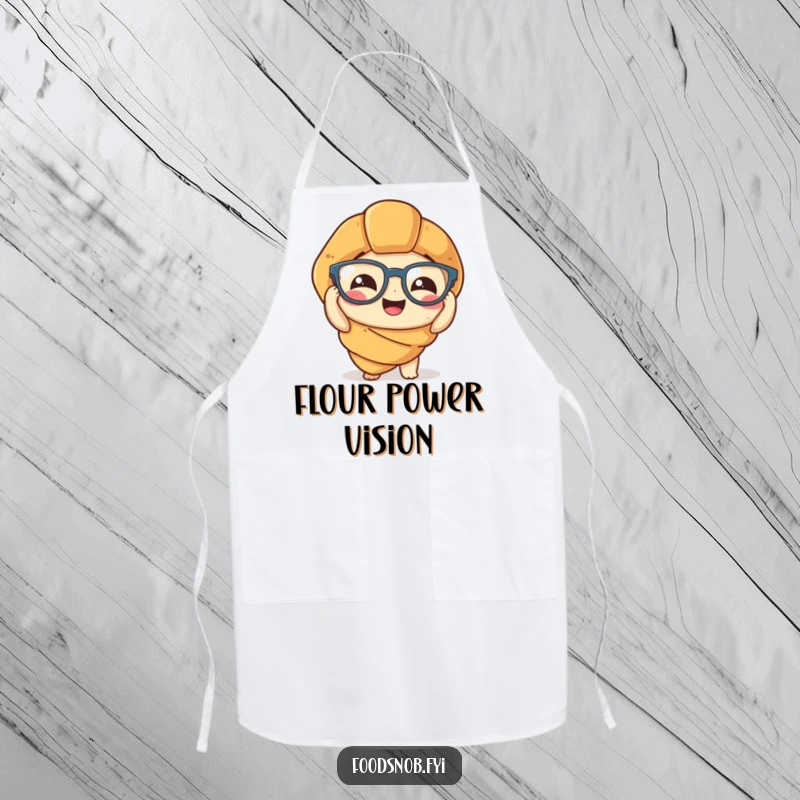 Funny Apron: A cute croissant character comically attempting to put on tiny spectacles, ready for kitchen adventures with a humorous twist.