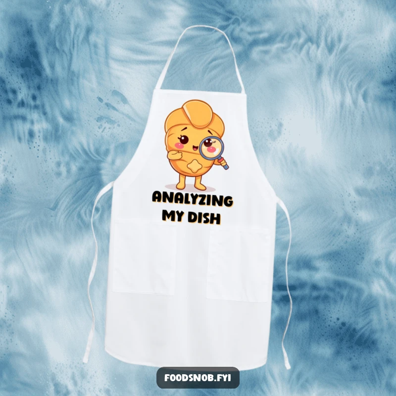 Funny apron with a croissant character using a tiny magnifying glass on a crumb, adding kitchen humor. A delightful pastry accessory.