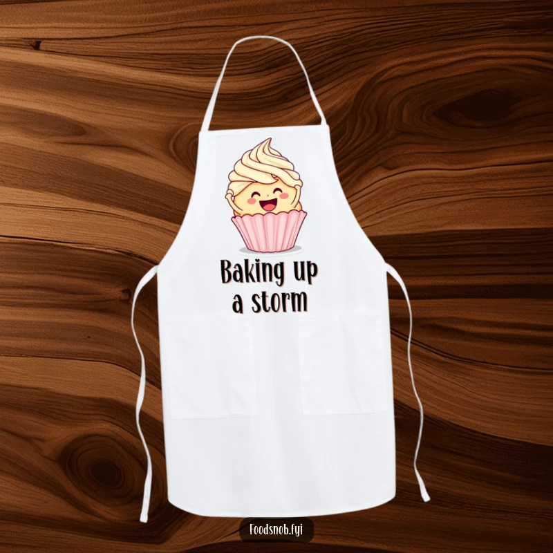 Funny apron showing a smiling cupcake character frosting a bigger cupcake, designed for adding humor to kitchen tasks.