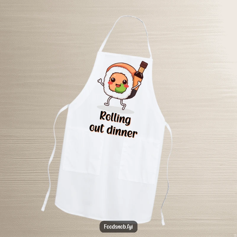 Funny Kawaii sushi apron, a sushi roll dancing with a soy sauce bottle, perfect for cooking with humorous flair.