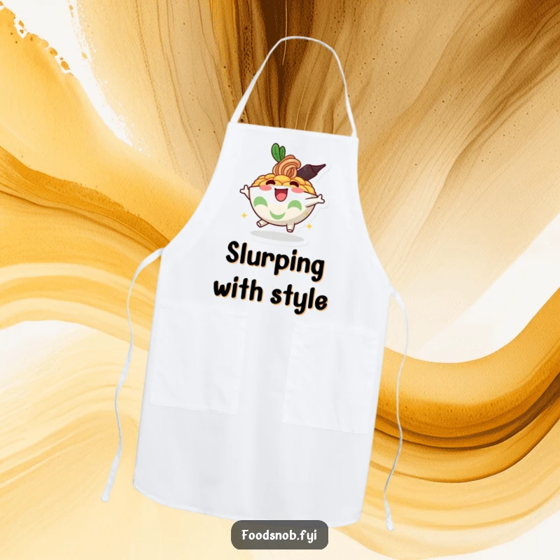 Funny apron showcasing a bouncy, happy ramen bowl character, ready to add cheer to any kitchen task.