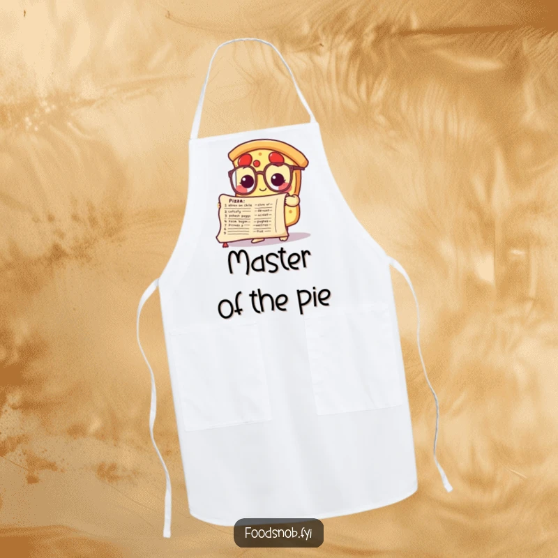 Funny apron showcasing a cute pizza slice character with tiny glasses, studying a cooking recipe scroll, for kitchen smarts.