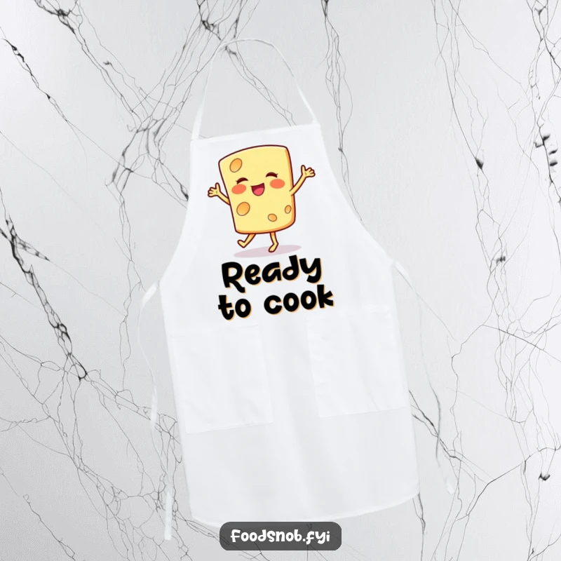 Funny apron depicting a smiling cheese slice doing a happy jig, perfect for stylish and humorous kitchen activities.