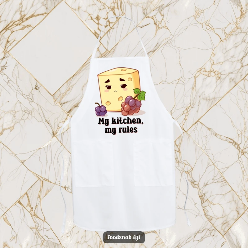 Funny stern cheese apron with a discerning cheese, stern expression, inspecting a tiny grape, witty humorous kitchen gift.