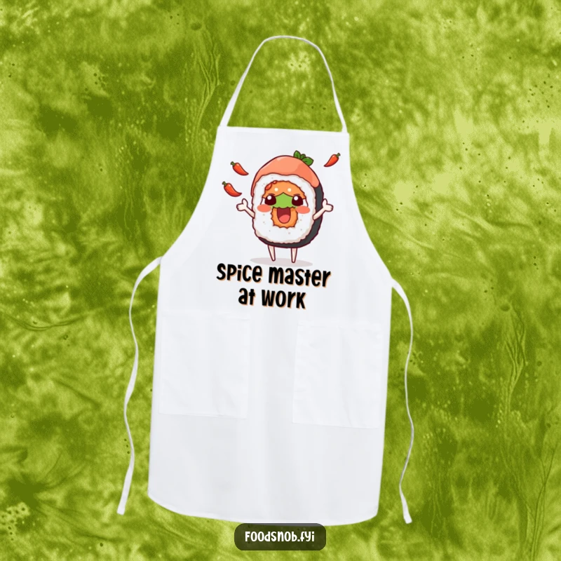 Funny apron showing a happy sushi roll character juggling small chili peppers, ideal for adding humor to kitchen tasks.