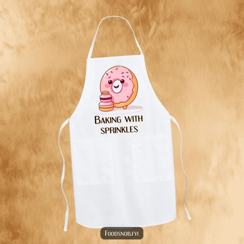 Funny apron showcasing a smiling donut character with sprinkles attempting to stack macarons, perfect for joyful baking efforts.