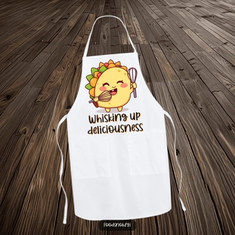 Funny kitchen apron, a smiling taco character winking while holding a tiny whisk, perfect for cooking and baking.
