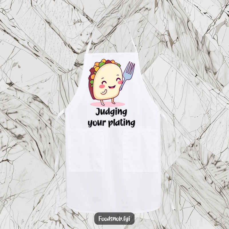 Funny taco apron with a smiling taco on tiny legs, nose-critiquing a small fork, excellent humorous kitchen gift.