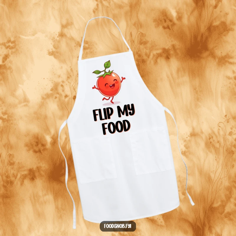 Funny Apron featuring a beaming cherry tomato character doing a cartwheel. Perfect for the energetic cook.