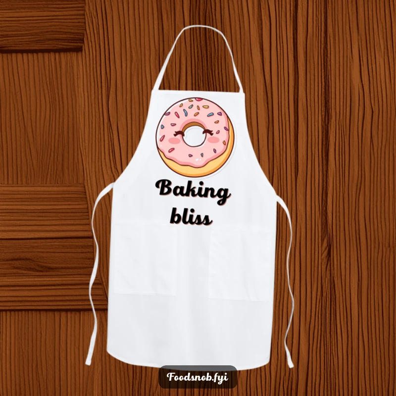 Funny apron depicting a happy donut with sprinkles winking cheekily, perfect for stylish and humorous baking activities.