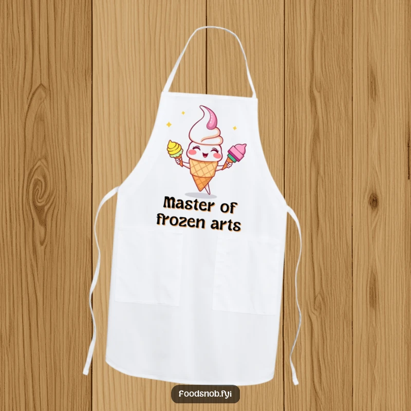 Funny giggling ice cream cone character juggling colorful cones, adding humor to this practical and fun kitchen apron.