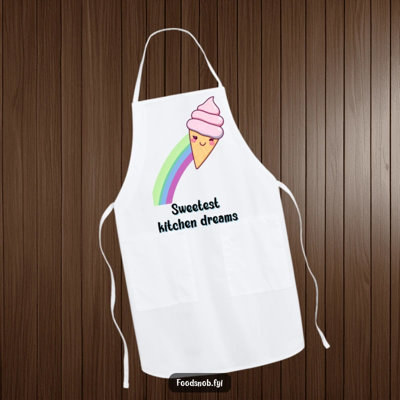 Funny apron showing a smiling kawaii ice cream cone gleefully sliding down a rainbow, a cheerful and practical kitchen accessory.