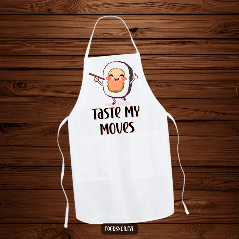 Funny Apron featuring a smiling sushi roll character dancing with chopsticks, ready to prepare a delicious meal.