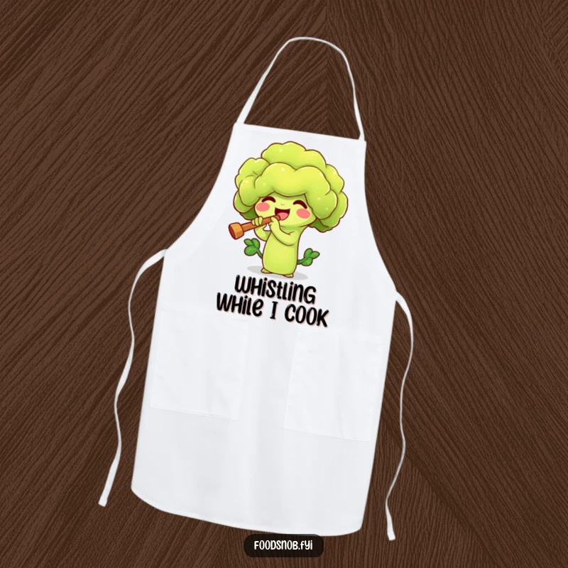 Funny apron with a joyful broccoli sprout character playing a small flute, adding kitchen humor. A delightful veggie accessory.