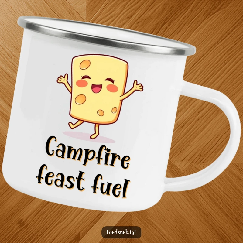 Funny camping mug with a smiling cheese slice doing a happy jig, perfect for outdoor sips with a humorous food theme.