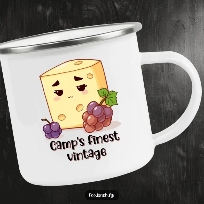 Funny stern cheese camping mug with a discerning cheese, stern expression, inspecting a tiny grape, rugged gourmet humor gift.