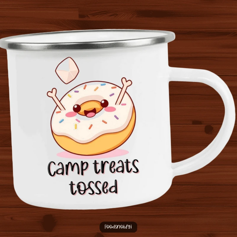 Funny Camping Mug: A jubilant donut with sprinkles tossing a sugar cube, perfect for outdoor sweet moments and humor, funny gift.