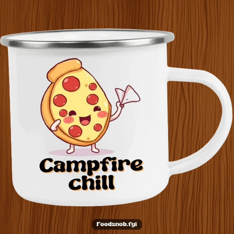 Funny camping mug of a content pizza slice character being fanned with a miniature napkin, perfect for enjoying beverages outdoors with humorous coolness.