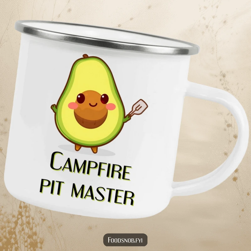 Funny camping mug depicting a happy avocado character balancing its pit on a tiny spatula, for adventurous guac lovers.