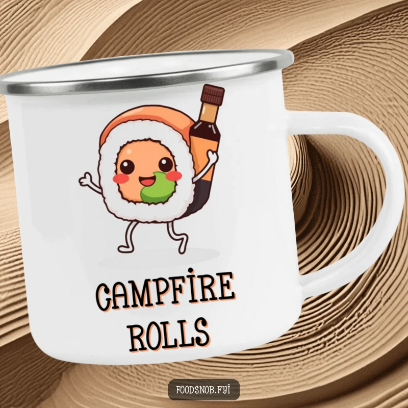 Funny Kawaii sushi camping mug, a sushi roll dancing with a soy sauce bottle, durable and cheerful for outdoor enjoyment.