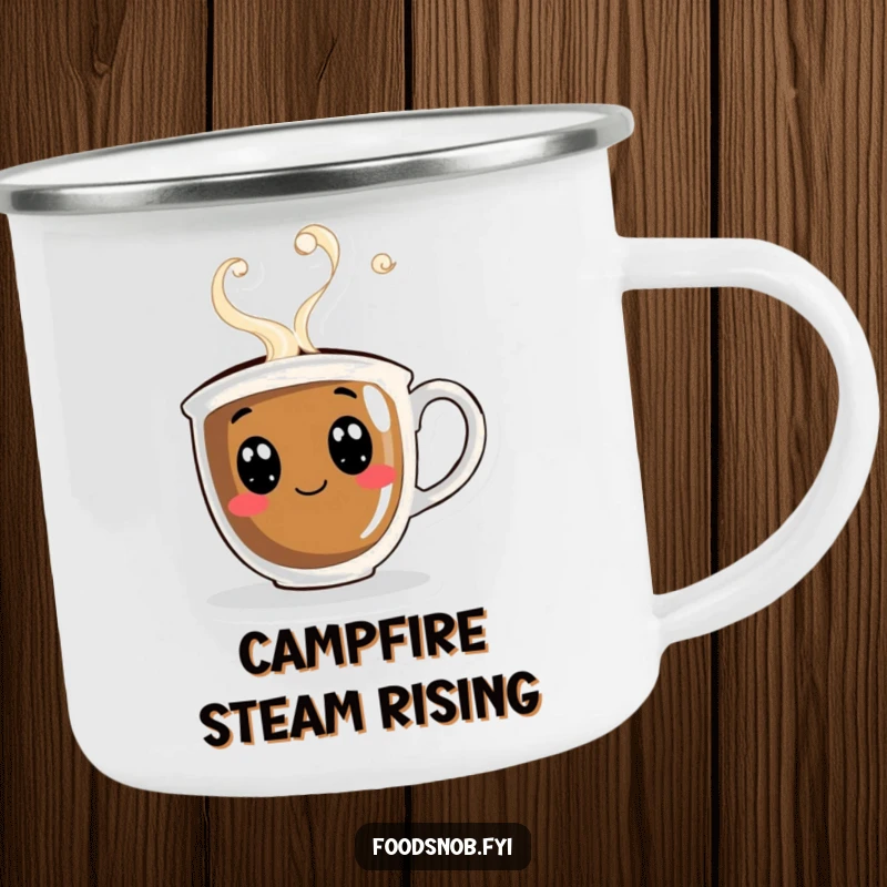 Funny camping mug with a curious coffee cup exhaling merry steam, perfect for enjoying hot drinks outdoors.