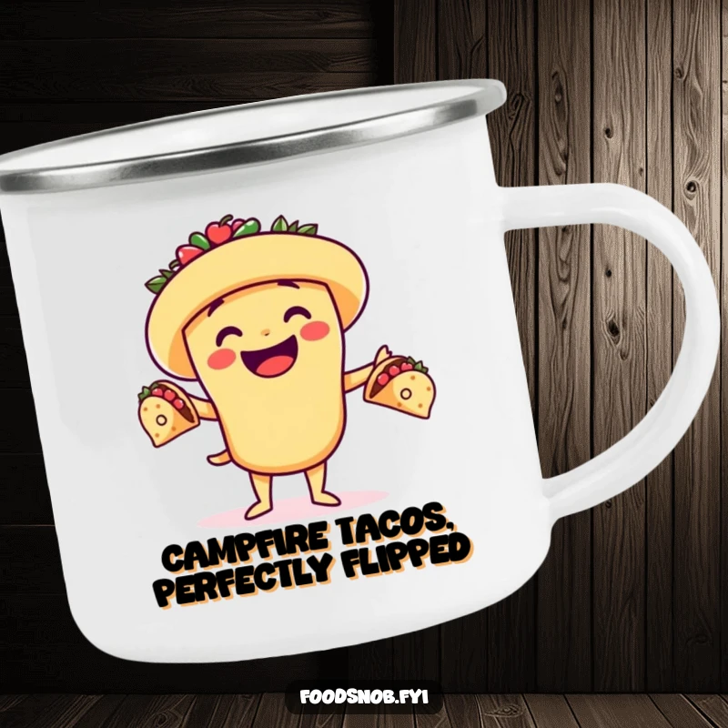 Funny enamel camping mug featuring a cheerful taco character juggling miniature tacos, perfect for outdoor food-themed adventures.