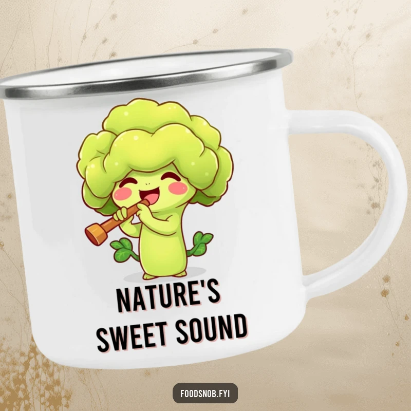 Funny camping mug featuring a cheerful broccoli sprout playing a small flute, perfect for campfire tunes. A humorous veggie companion outdoors.