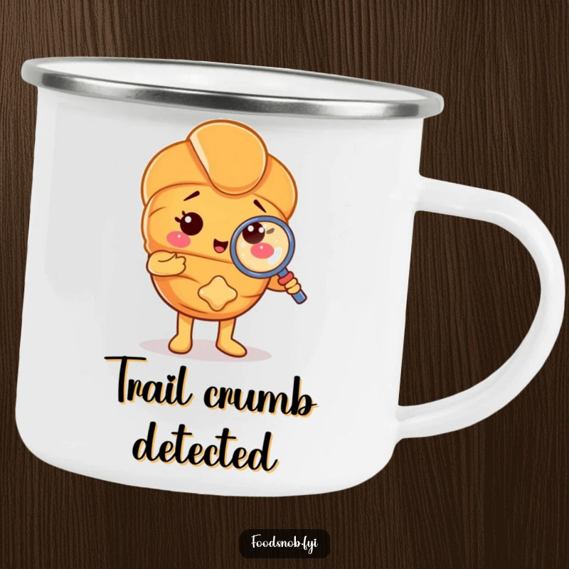 Funny camping mug featuring a croissant character using a tiny magnifying glass on a crumb, perfect for outdoor investigation. A humorous pastry companion.