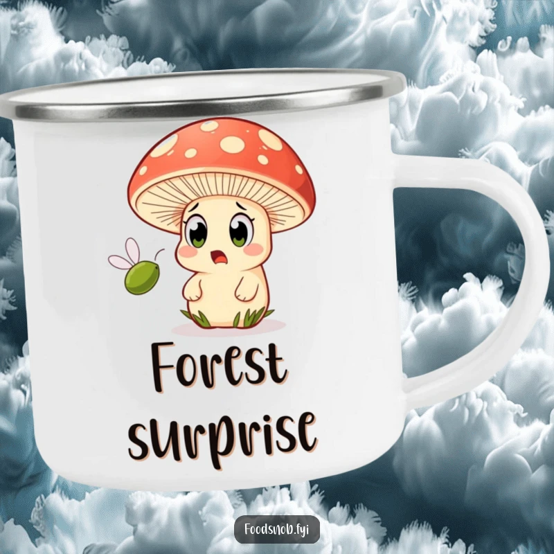 Funny camping mug with a startled mushroom character and huge eyes, watching a tiny olive fly by.