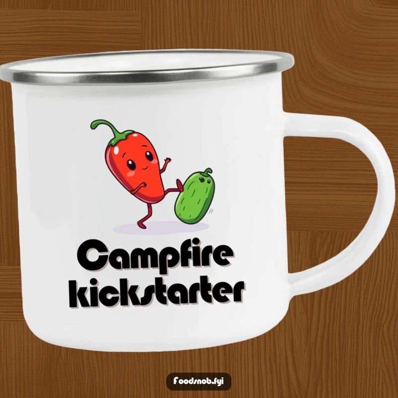 Funny Camping Mug showing a red chili pepper with small legs comically kicking a miniature cucumber, perfect for outdoor use and a good laugh.