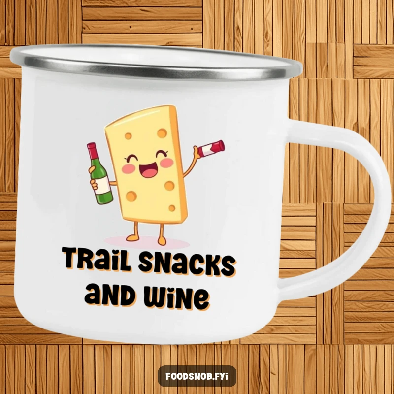 Funny gleeful cheese slice character balancing a miniature wine bottle on a rugged camping mug for outdoor fun.