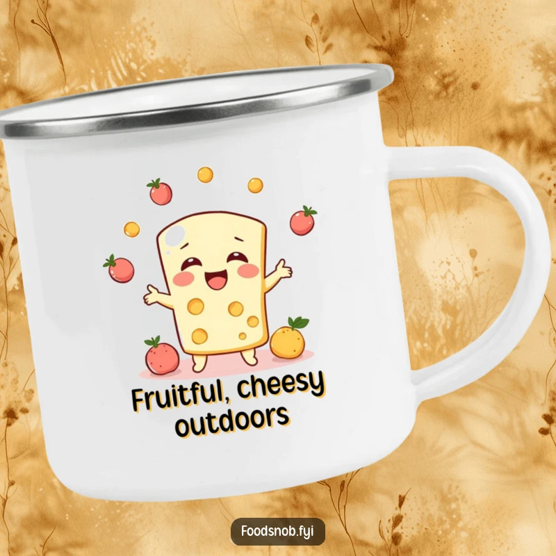Funny enamel camping mug, a bubbly cheese character giggling while juggling tiny fruits, perfect for outdoor use.