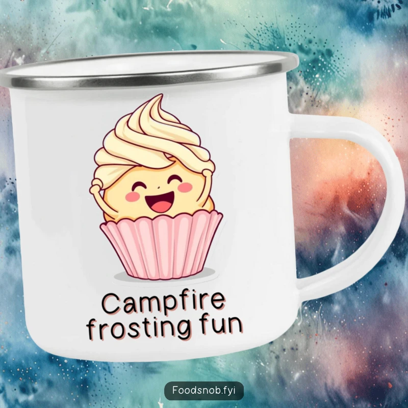 Funny camping mug showcasing a smiling cupcake character frosting a bigger cupcake, ideal for enjoying beverages outdoors with a sweet, humorous theme.