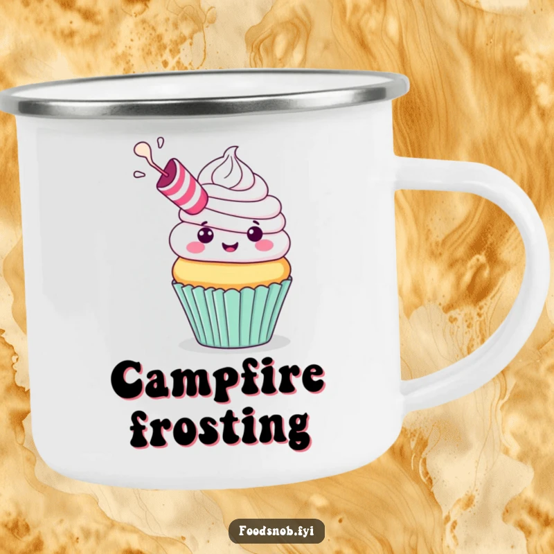 Funny Camping Mug: A cheerful cupcake with a party blower exhaling frosting, perfect for outdoor festivities and humor, funny gift.