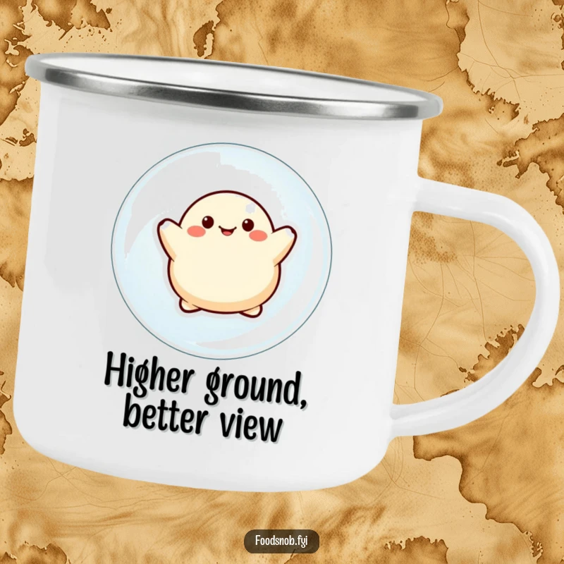 Funny camping mug showing a dumpling character happily floating on a bubble, perfect for enjoying drinks outdoors with a smile.