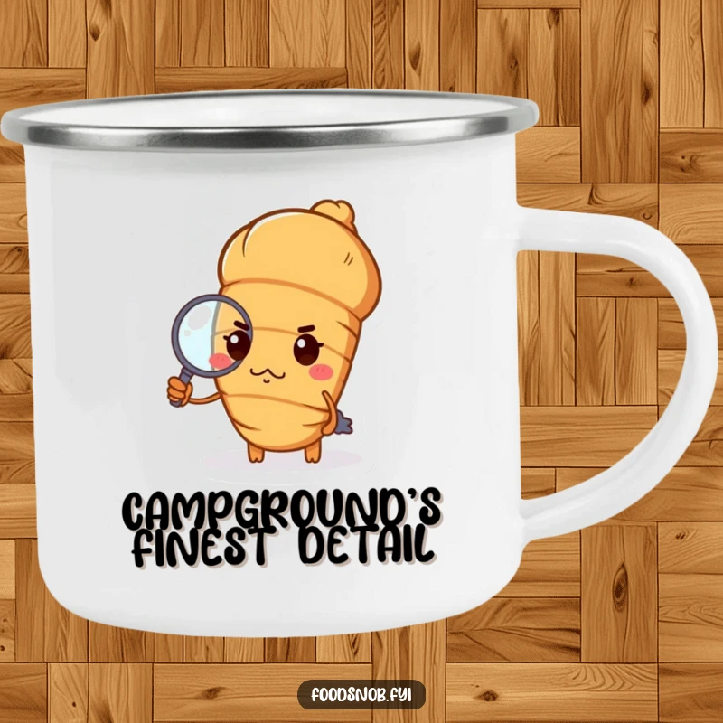 Funny croissant camping mug with a haughty croissant, pursed lips, holding a tiny magnifying glass, chic humorous outdoor gift.