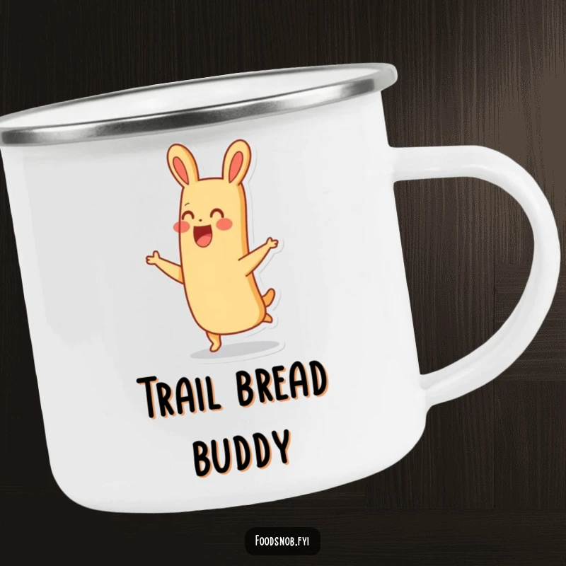 Funny thrilled baguette character joyfully hopping with a smile on this durable camping mug, perfect for outdoor enthusiasts.