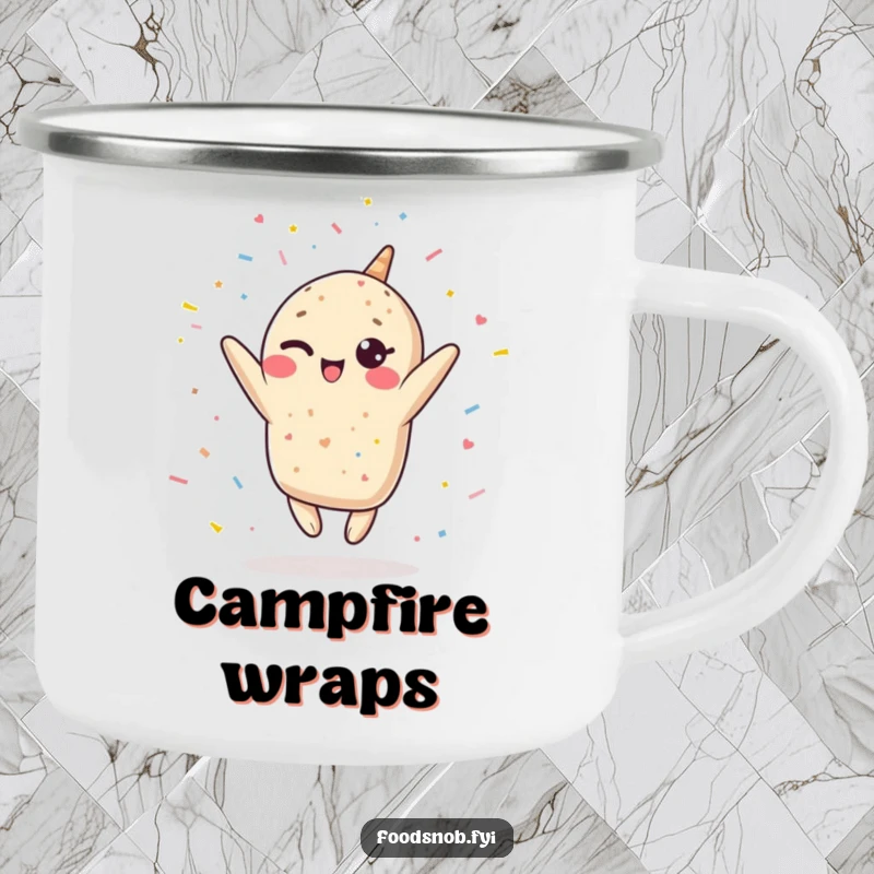 Funny Kawaii burrito camping mug, a winking burrito leaping upwards, showering confetti, durable and cheerful for outdoor enjoyment.